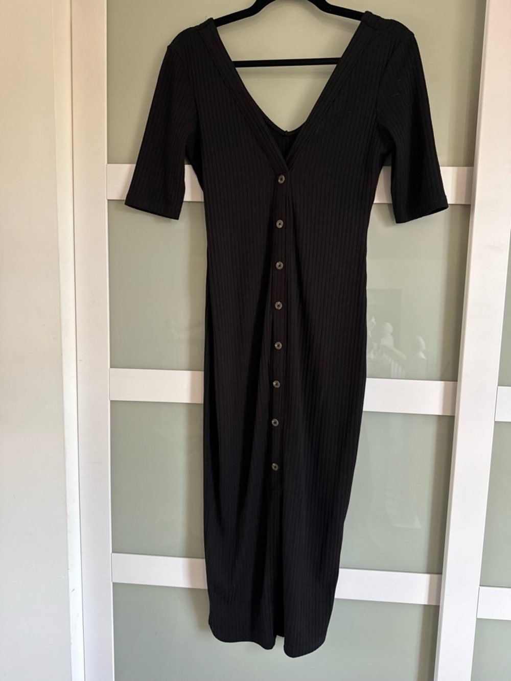 The Vanity Room Black Ribbed Button-Front Midi Dress